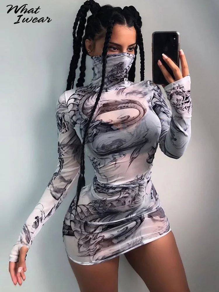 

Женское платье с высоким воротником, привлекательные сетчатые облегающие платья с принтом, новые осенние женские модные облегающие наряды ...