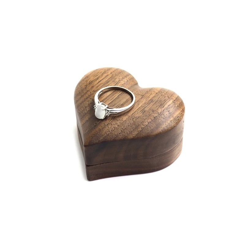 

Rustic Walnut Wood Engagement Ring Box Solid Wood Magnet Heart Ring Box for Proposal Wedding Ring Storage Ring Coin Case