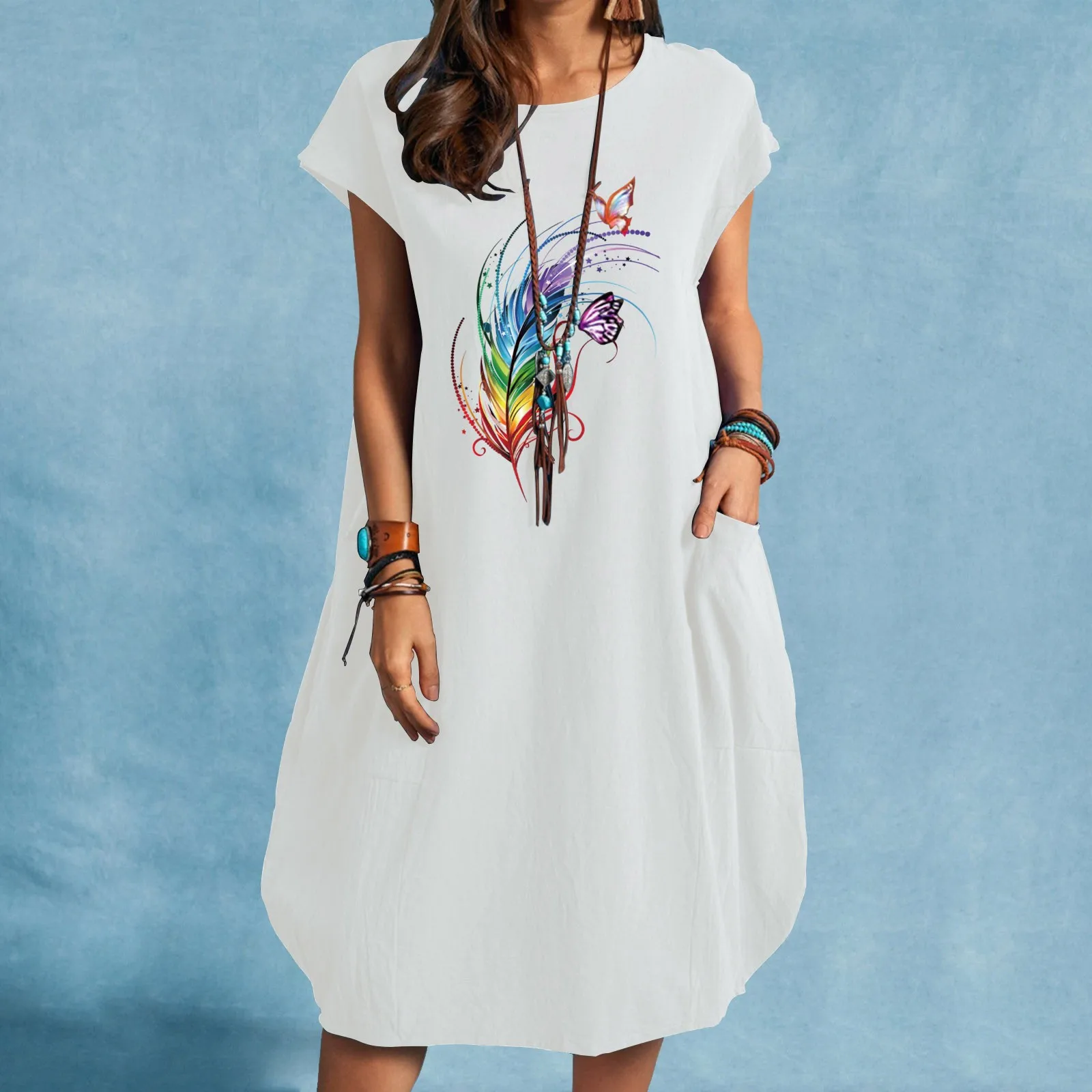 

Женское платье с цветочным принтом, повседневное свободное платье с круглым вырезом и коротким рукавом, праздничная уличная одежда для веч...