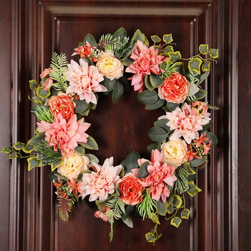

Hongyu spring summer orange Dahlia wreath imitation flower Eucalyptus living room decorative door hanging