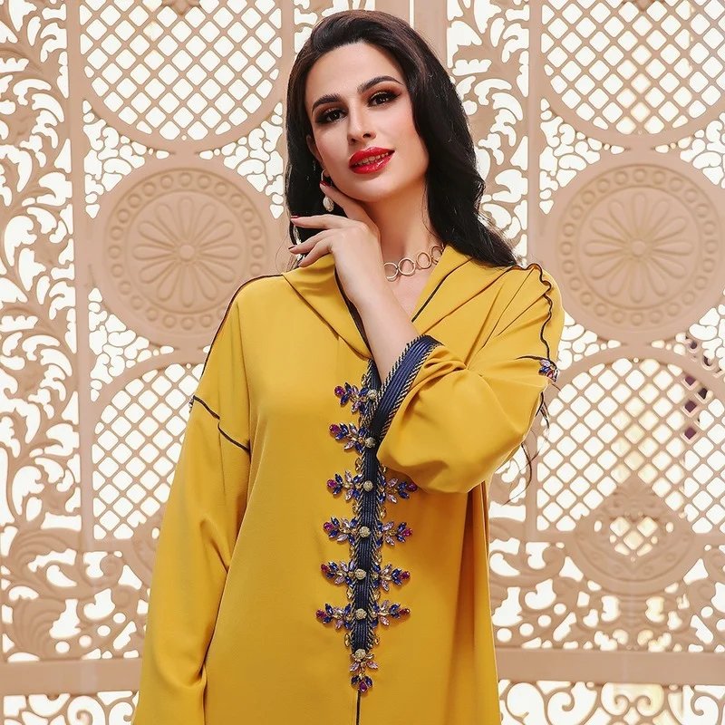 Colored Rhinestone Beading Hooded Abaya Dress for Women Eid 2022 Dubai Turkey Arab Oman Moroccan Caftan Party Clothes