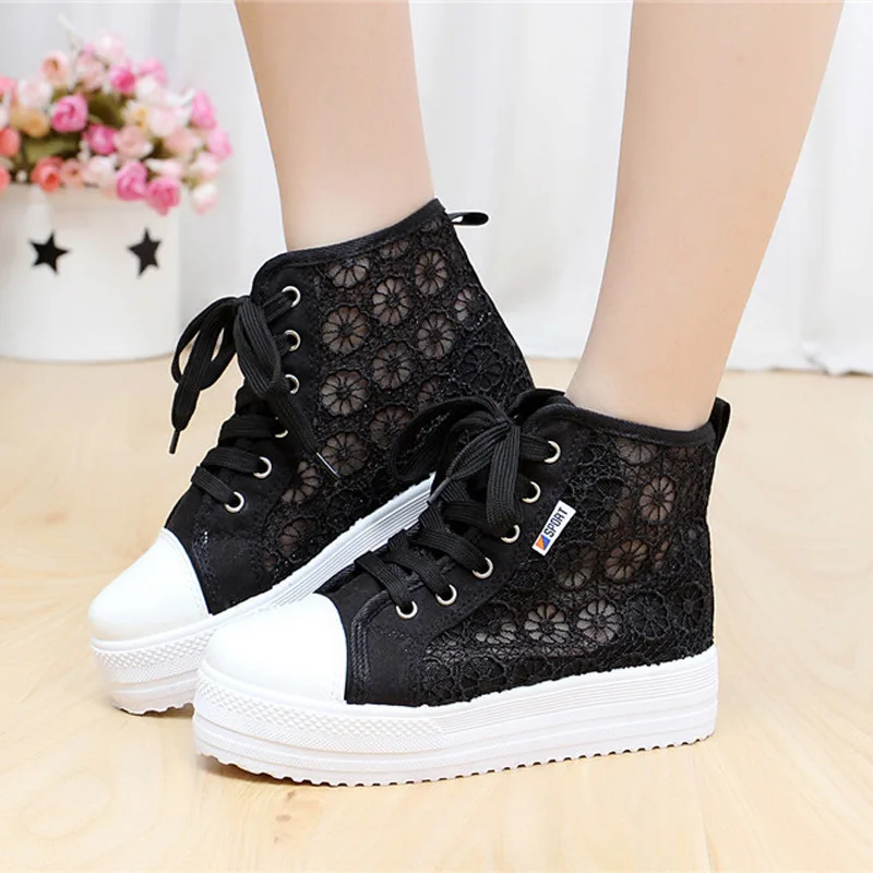

Brand Women Shoes Summer Casual White Shoes Cutouts Lace Canvas Hollow Breathable Platform Flat Shoes Fashion Woman Sneakers