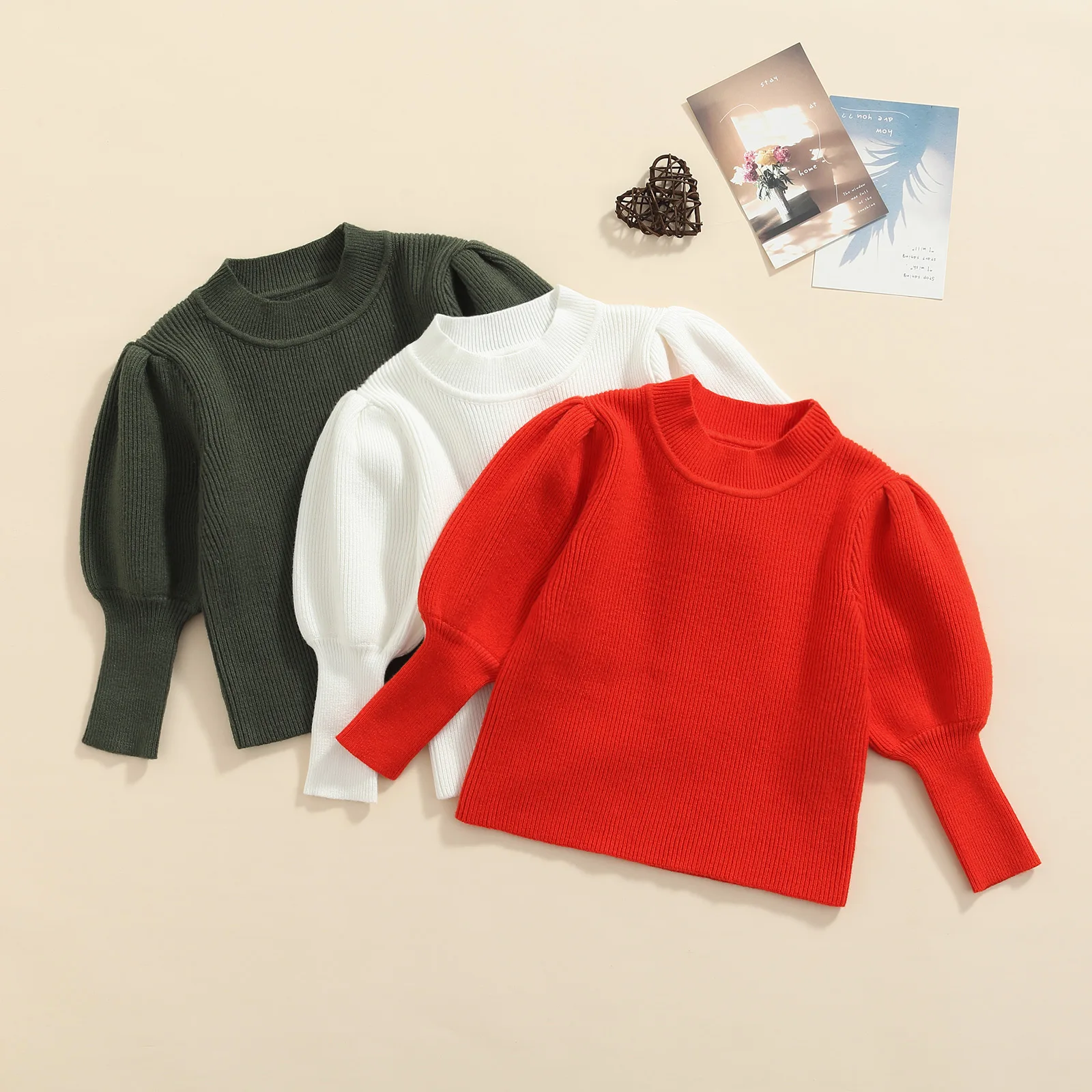 

Infant Baby Girls Solid Color Puff Sleeve Sweater Toddlers Half Collar Pullover Top Autumn Winter Warm Clothes