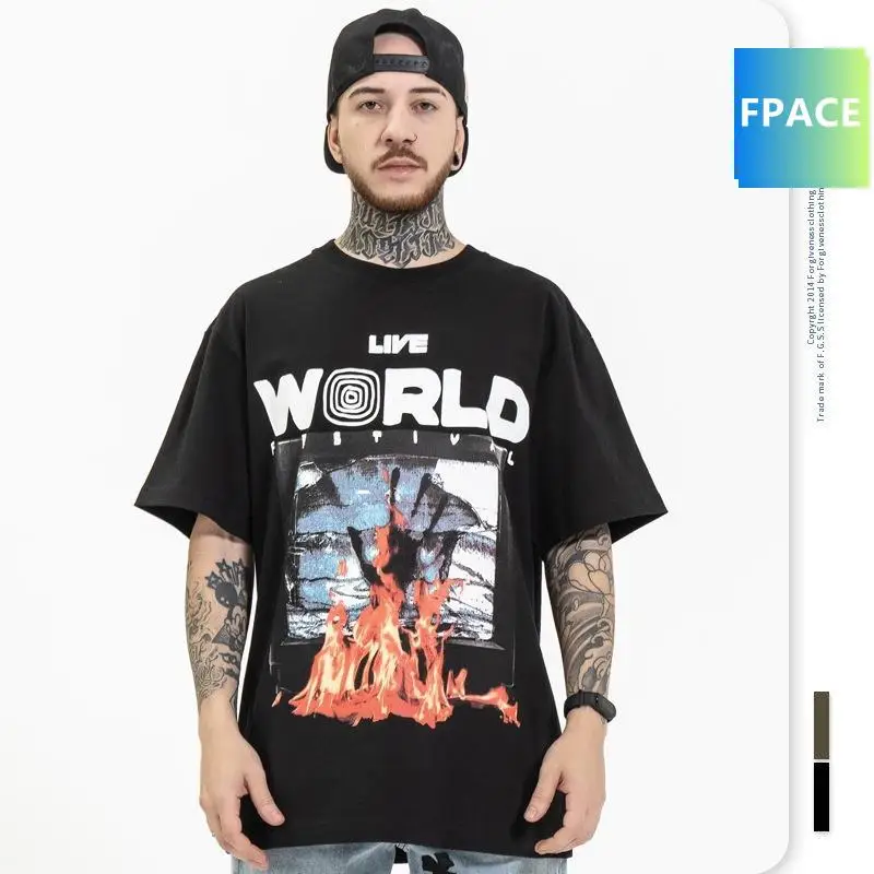 

Men's Clothing Summer New European and American Fashion Brand Hip Hop Flame Palm Print round Neck Loose Short Sleeves T-shirt