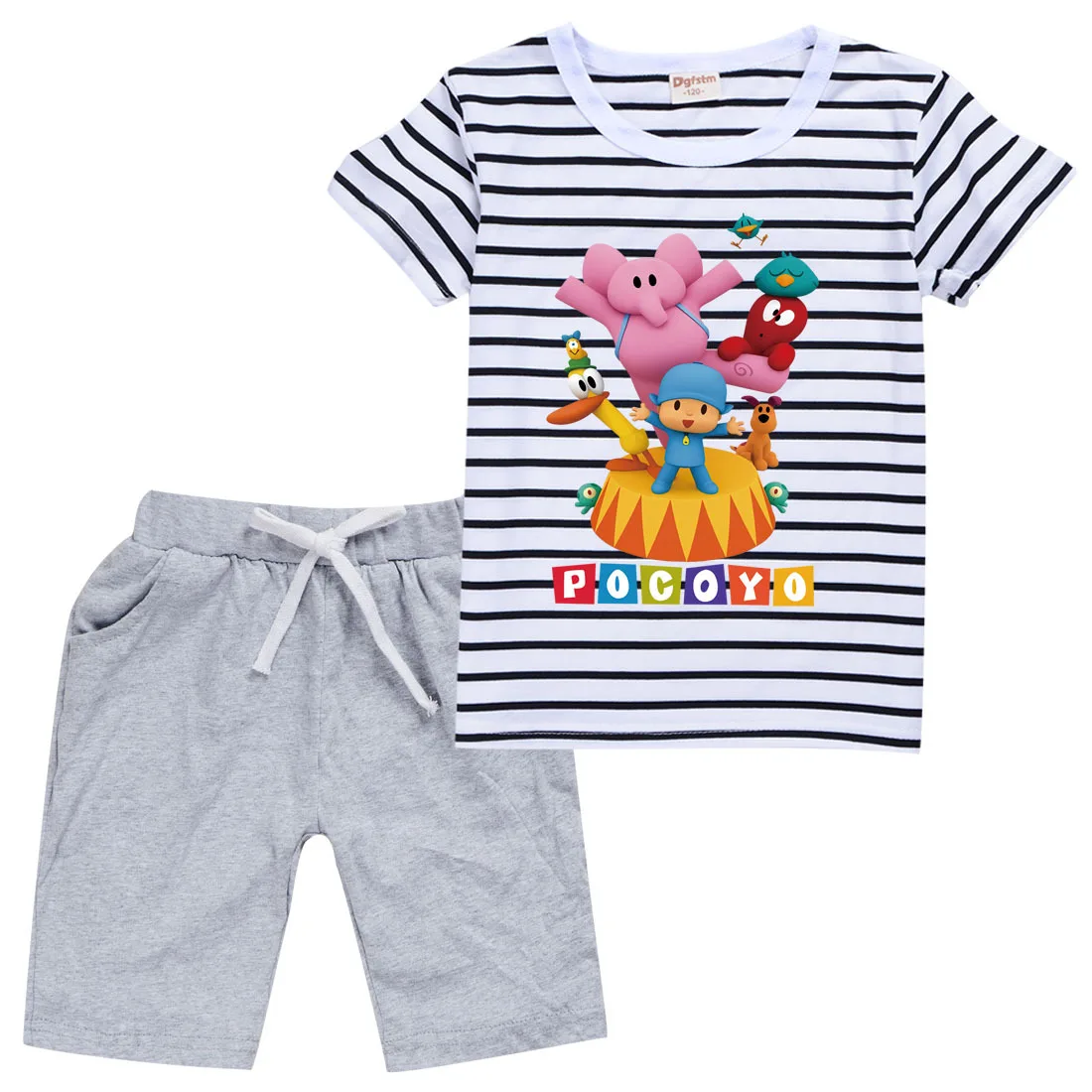 

Children's Pocoyoed Clothes Kids Summer Beachwear Baby Boy Short Sleeved Striped Tshirts + Shorts 2pcs Set Toddler Girls Outfits