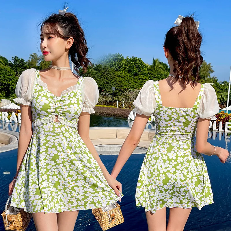 

Korea Style Short Sleeve One Piece Swimsuit Women Solid Swimwear Skirt Monokini Ruffle Push Up Pad Bathing Suit Dropship