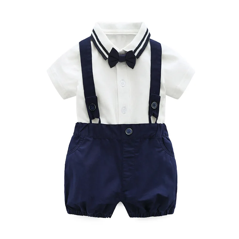 

Summer New Baby Boy Gentleman Bow Tie Suit Boy Handsome One-year-old Suit Navy Style Overalls 3-piece Set