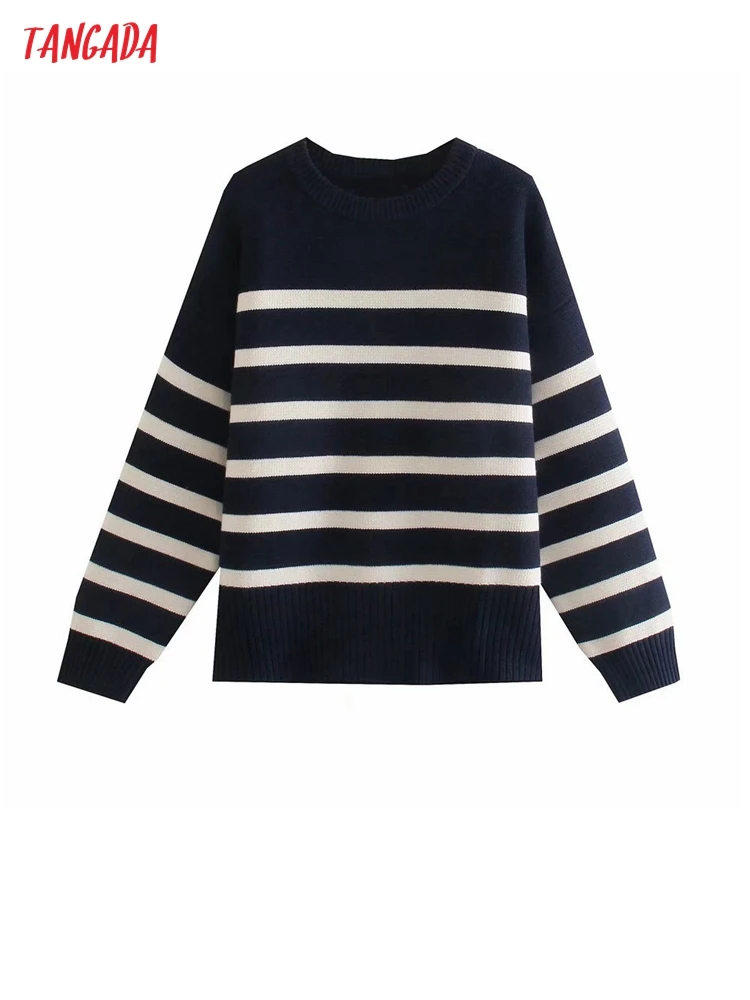 

Tangada Women Fashion Striped Knitted Sweater Jumper O Neck Female Elegant Oversize Pullovers Chic Tops 3H982