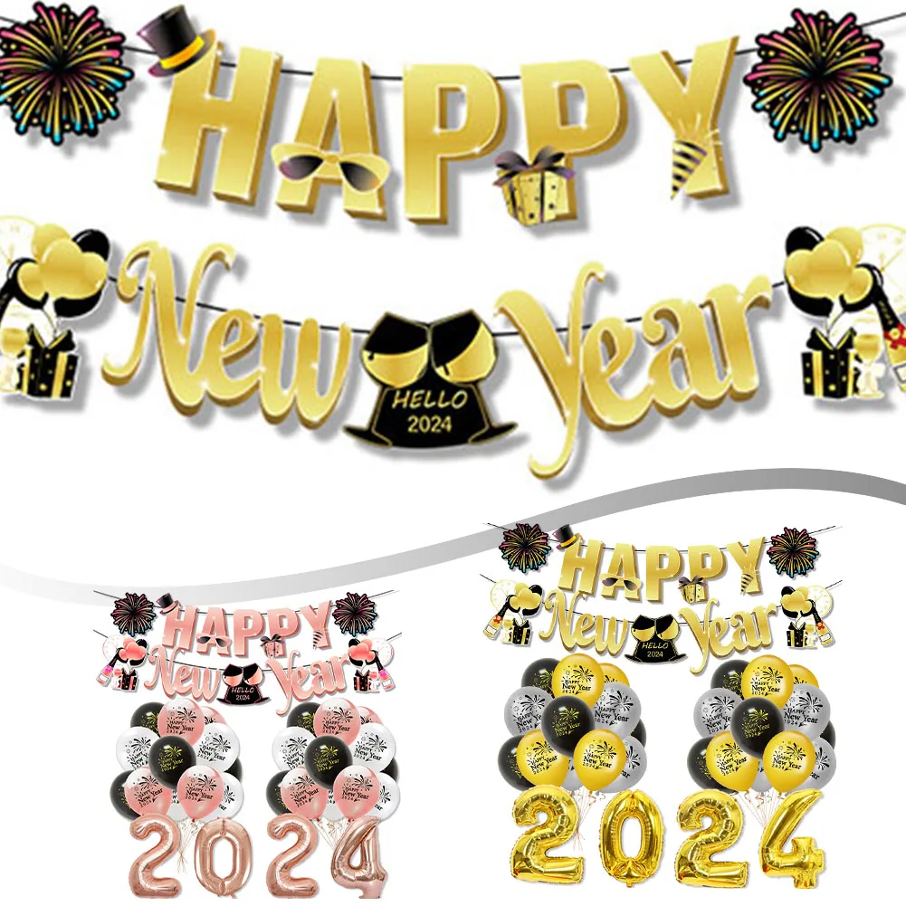 

2024 New Year Party Balloon Set Decoration Disposable Banner Balloons Happy New Year Balloon Set Photo Booth Props Supplies