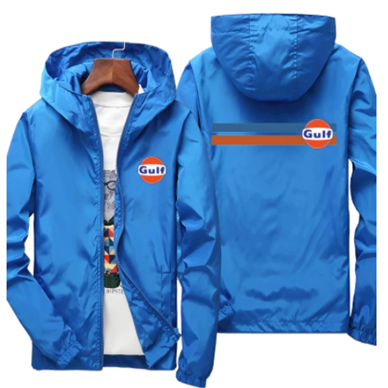 2022 New Spring Autumn Gulf Logo Men's Thin Casual Zippered Hooded Jacket Windproof Coat Long Sleeved Zipper Top 5 Colors