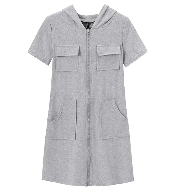

Women's Casual Cotton Hooded Front Zipper Fly Drawstring Pockets Short Sleeve Mini Dress Slim Fit Sports Style Bodycon Dress