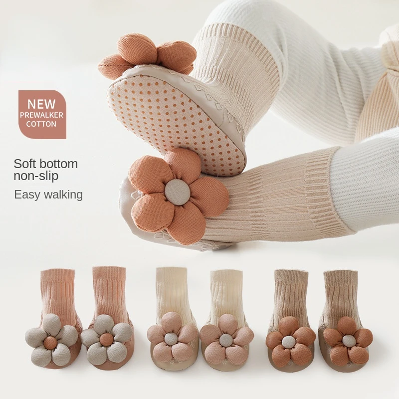 Indoor New Baby Girls Floor Socks Non-Slip Leather Rubber Sole Infant Toddler Socks Cute Flowers Sock Prewalker Shoes