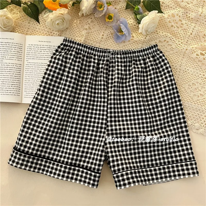 Summer New Ins Pajamas Women Japan fashion Plaid Sesame Street Thin Short sleeve Shorts Homewear Set Can Be Worn outside