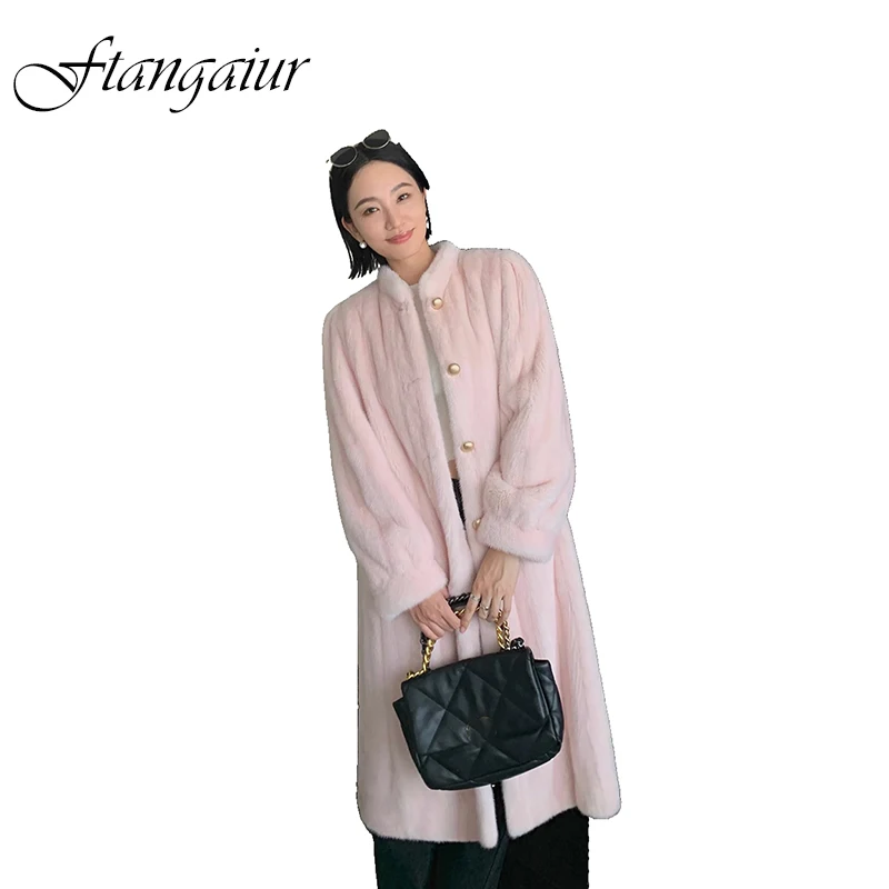 

Зимнее пальто Ftangaiur для женщин, импортное бархатное пальто из меха норки, женское однотонное пальто из натурального меха норки с воротником-стойкой, длинное пальто