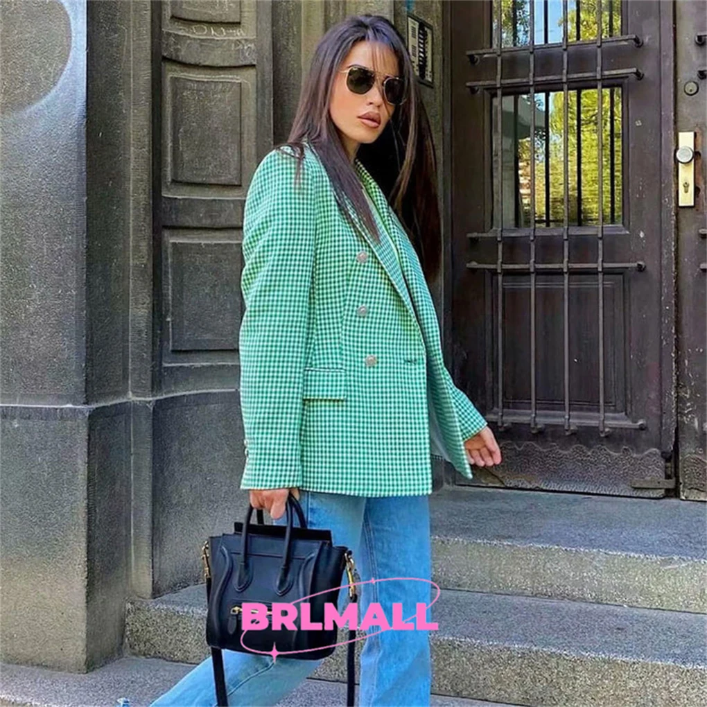 Summer Plaid Women Suit Coat Blazer Double Breasted Casual Outfit Green Pink Business Women Suit Jacket Plus Size High Quality