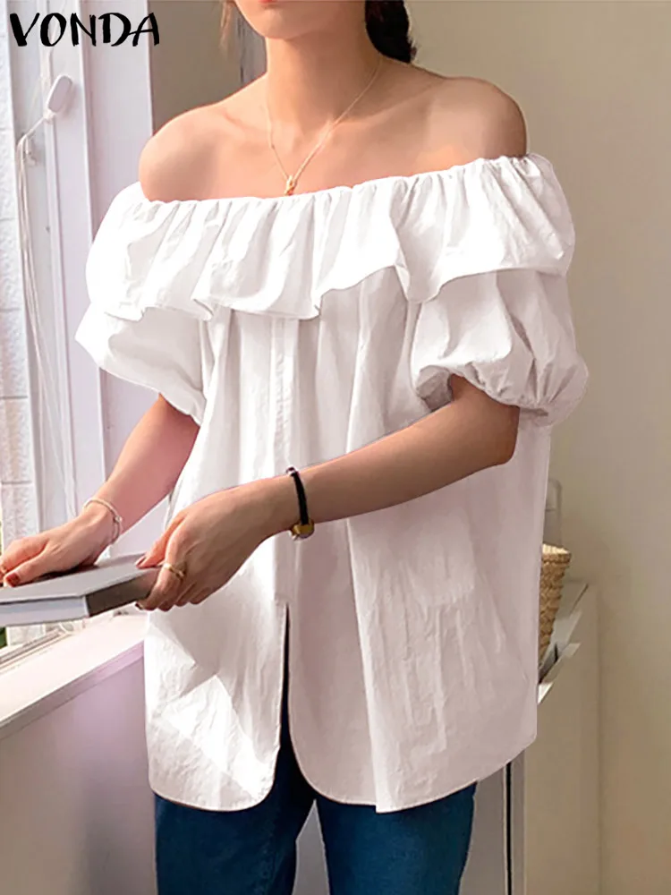 

Lady Office Ruffled Blouse VONDA 2022 Women Summer Off Shoulder Tops Sexy Short Sleeve Casual Pleated Tops Blusas Femininas