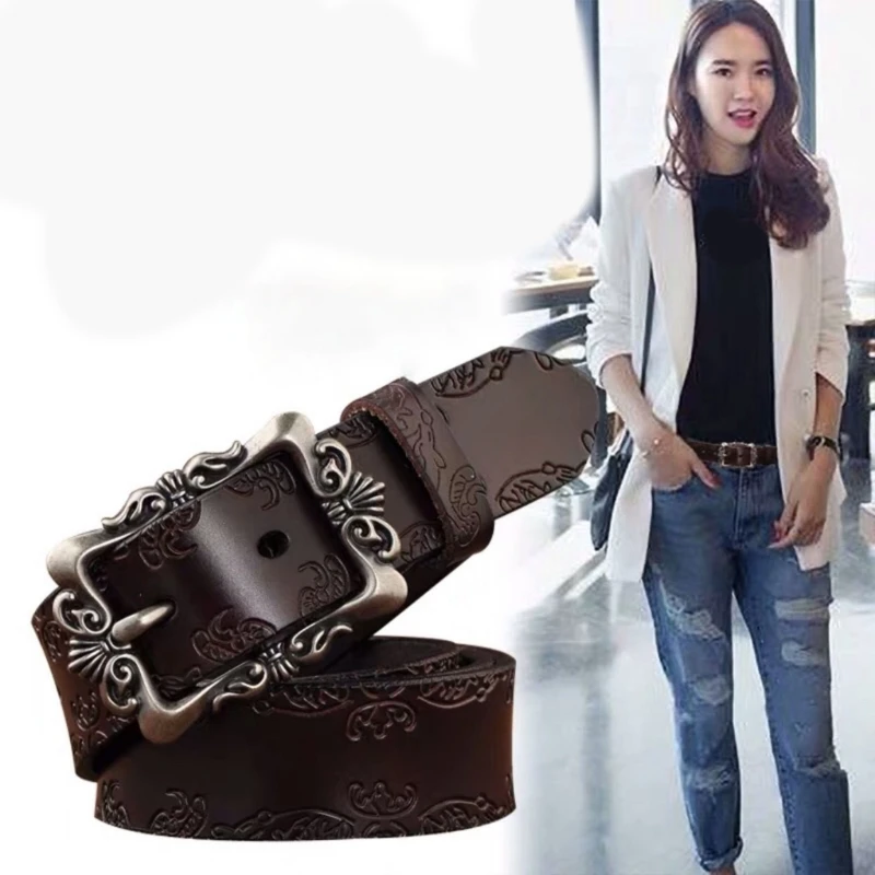 

PU-Leather Belt Adjustable Cowgirl Cowboy Relief Pattern Buckle Waist Belt