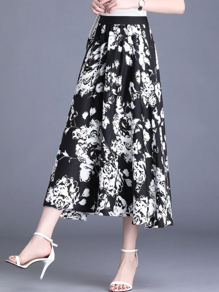 

Fashion Elastic High Waist Loose Big Swing Casual A-line Print Skirt 2022 Summer Women Vintage Elegant Thin Long Skirts 6855