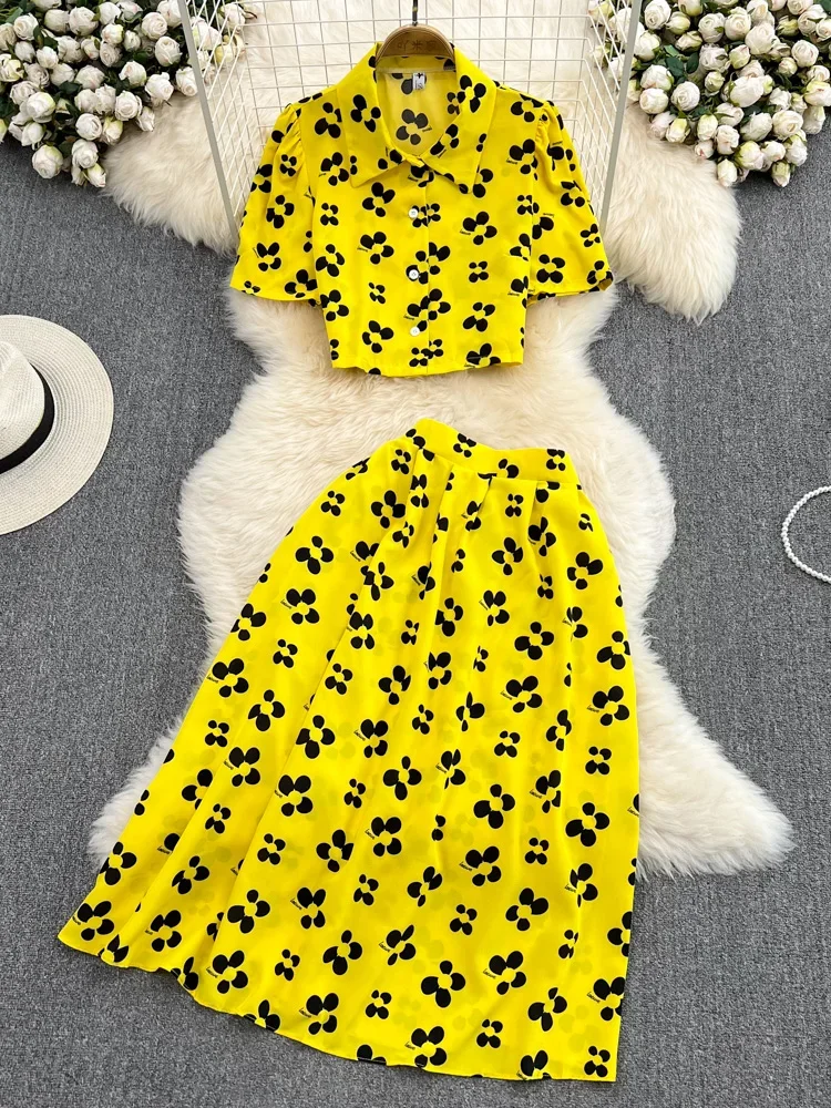 Летний женский костюм из двух предметов с принтом винтажный однобортный топ