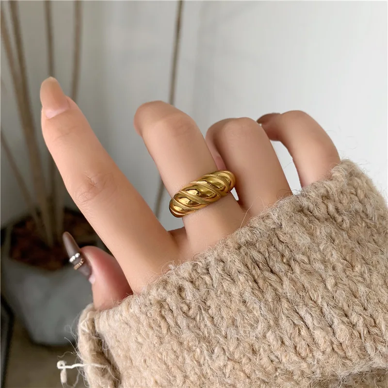 

New Arrival Titanium Steel Bread Ring 18k Gold Plated Fashion Personality Wide Version Index Finger Ring For Women Gift
