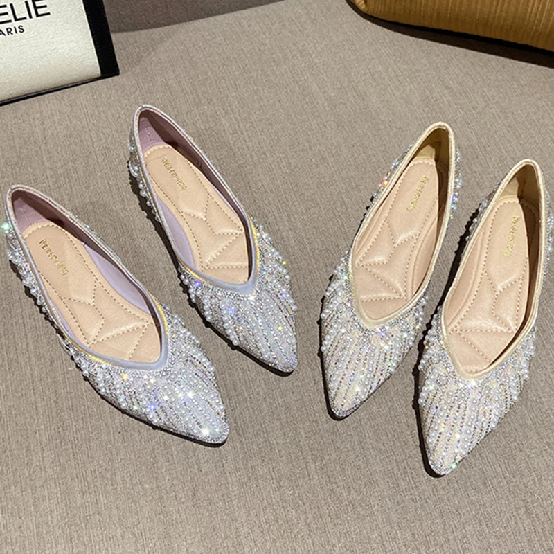 

String Bead Moccasins Femme Ballerina Shallow Slip On Loafers Pointed Toe Sneakers Women Ins Shoes Pearl Rhinestones Flats Woman