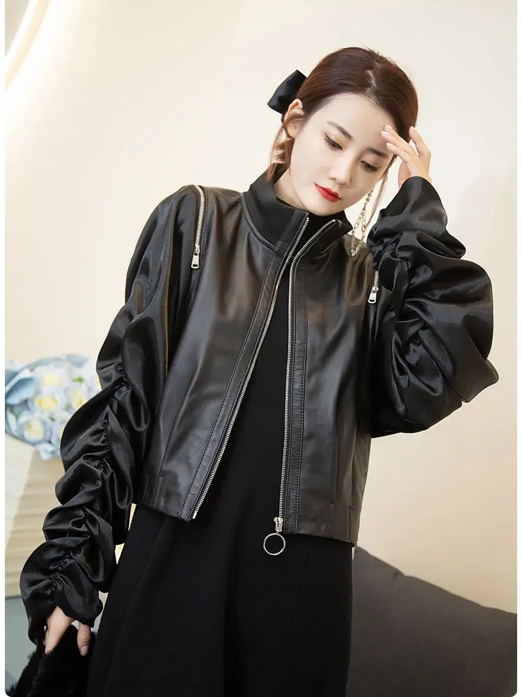 Genuine Real Leather Stand Collar Baseball Jacket Women Fashion Silk Pleated Sleeves Casual Short Sheepskin Jacket Female Y3074