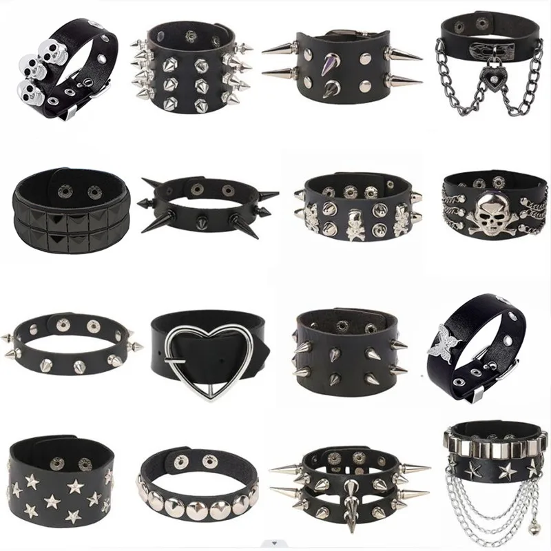 

Fashion Pu Leather Studded Bracelet Bangle Choker Punk Spike Rivets Cuff Metal Black Wristband Adjustable Dropship