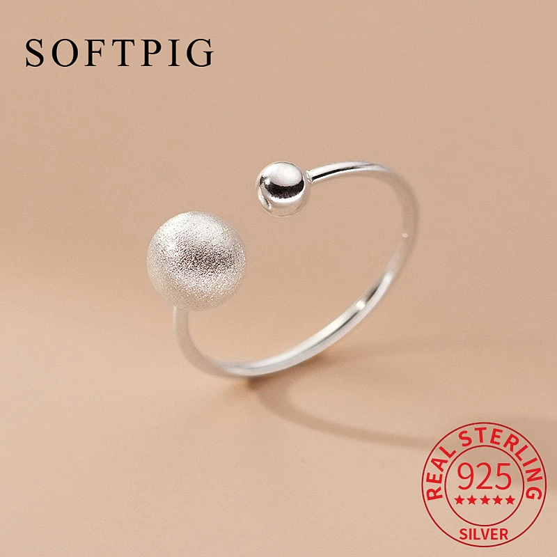 

SOFTPIG Real 925 Sterling Silver Frosted Bead Adjustable Ring for Fashion Women Geometric Fine Jewelry Minimalist Accessories