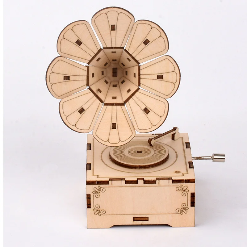 

Phonograph Hand-cranked Music Box Wooden Hand Crank Jigsaw Puzzle Children's Educational Music Boxes Birthday New Year's Gift