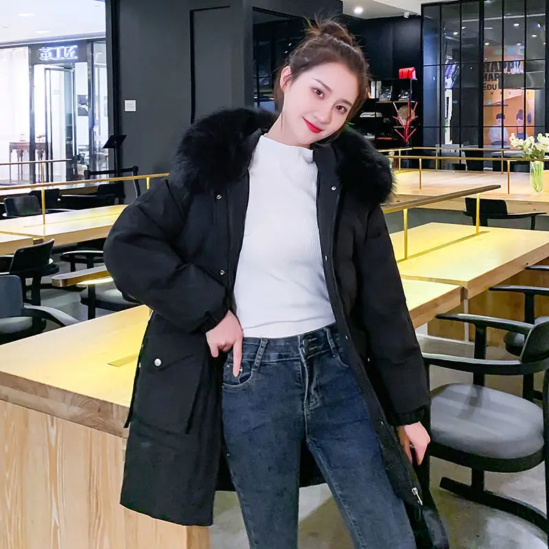 New Hooded Down Cotton Jacket Women's Medium Long Thickened Korean Winter Padded Coat Cold Weather Ladie's Warm Parkas