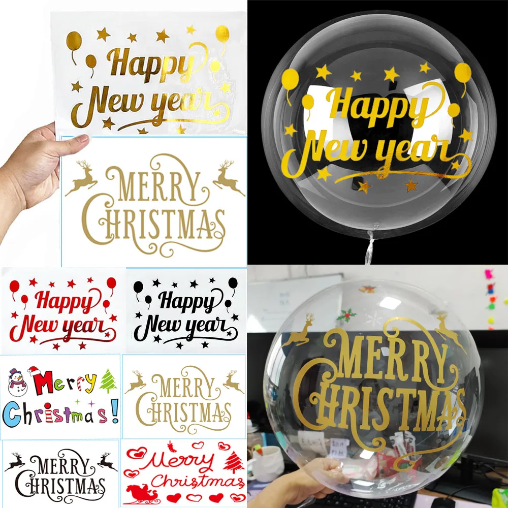 

1pc Happy New Year Party Stickers Big Clear Transparent Bobo Balloons Letters Decals DIY Merry Christmas Stickers Party Supplie