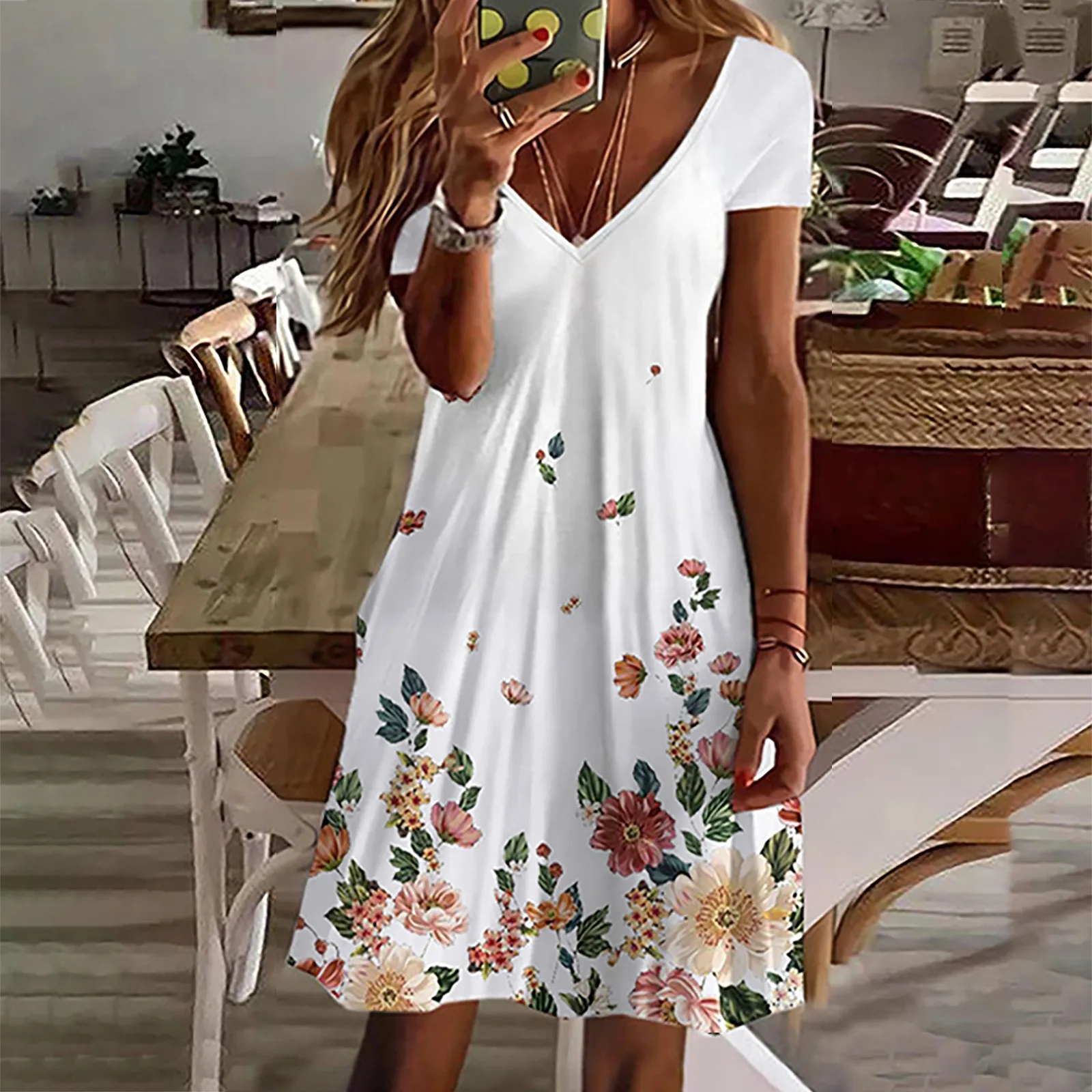 

Summer V Neck Mini Dress Women Casual Flower Print Short Sleeve Holiday Sundress Ladies Swing Flowy Comfy Floral Shirt Dress