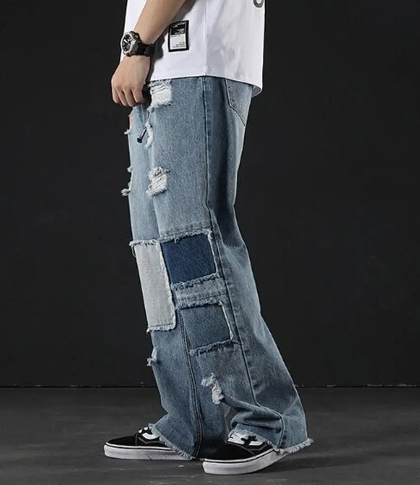 Japanese Loose Casual Straight Jeans Men's Broken Patchwork Beggar Trousers Hip Hop Moto Biker Fashion Vintage Denim Pants