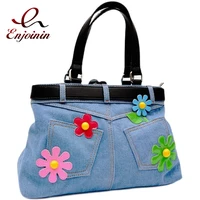 trendy colorful flower denim shoulder bag for women vintage blue purses and handbags girls causla totes designer messenger bag