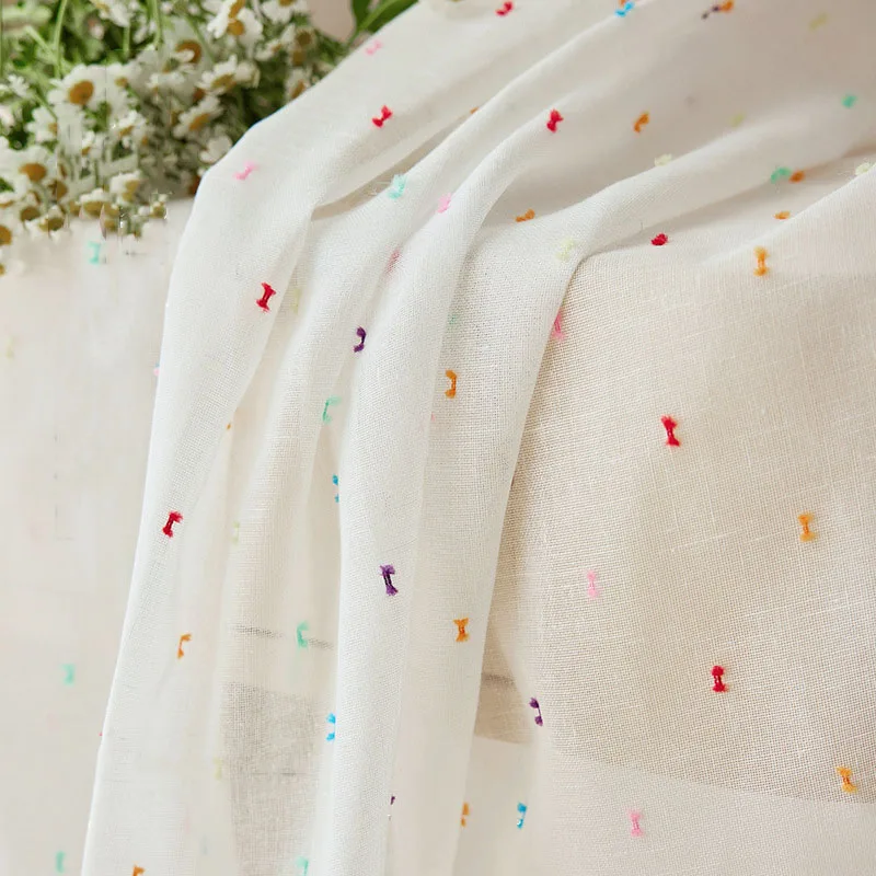 

Sweet Rainbow Cartoon Candy Embroidered Sheer Curtain for Childrens Room White Cross Textured Linen Tulle Curtain For Girls Room