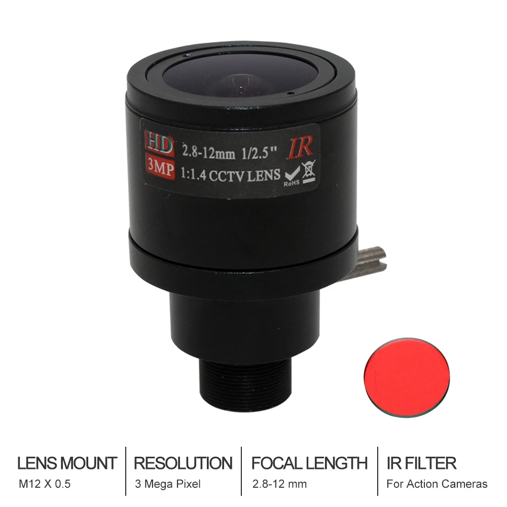 3Megapixel Varifocal Lens With IR Filter 2.8-12mm M12 Mount 1/2.5 inch Manual Focus and Zoom For Action  Sports Camera