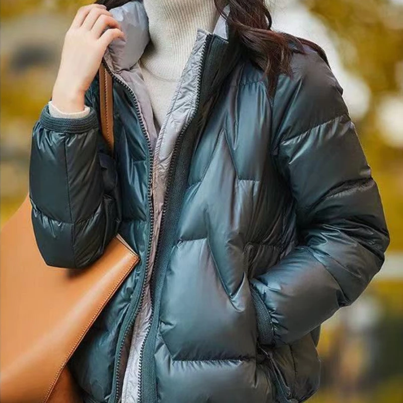 Women's Short Plus Velvet Thick Jacket Korean Style Loose Stand Collar Coats Shiny Cotton Down Padded Pocket Keep Warm Jackets