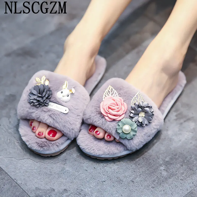

Winter Slippers Women Ladies Shoes Slippers Women Luxury Warm Shoes Fashion Shoes Fur Slippers Women Flowers Zapatillas De Mujer