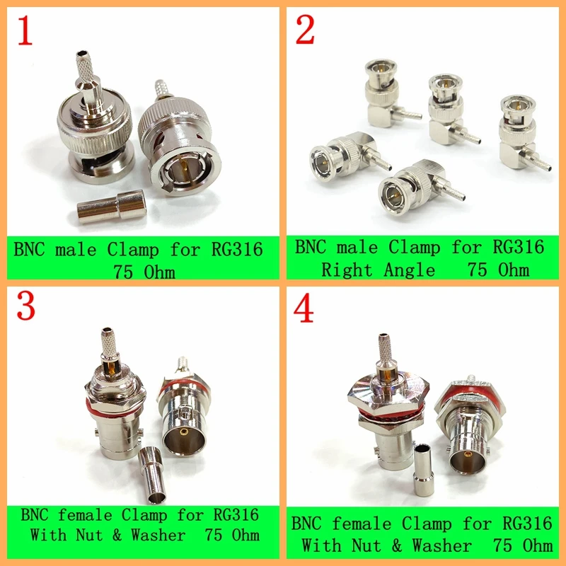 Bnc 75ohm Macho Plug & Fêmea Jack com Porca & O-ring Arruela Flange à Prova de Água Braçadeira para Rg316 Rg174 Rg179 Cabo Peças Lote q9