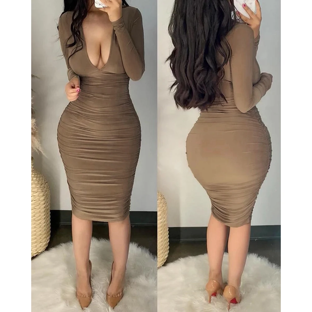 

Ninimour Women Plunge Ruched Long Sleeve Bodycon Dress Sexy Skinny Long Sleeve Autumn Dress Night Club Robes Ball Gowns Female
