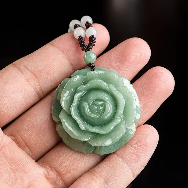 

Burmese Jade Flower Pendant Talismans Jewelry Green Natural Emerald Carved Necklace Gift Gifts for Women Jadeite Charms Real