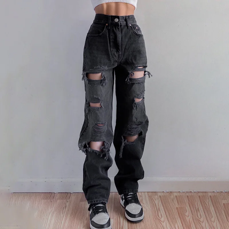 

Женские Асимметричные рваные уличные джинсы для стрельбы прямые повседневные брюки-трубы с высокой талией и подтягивающим Бедро эффектом