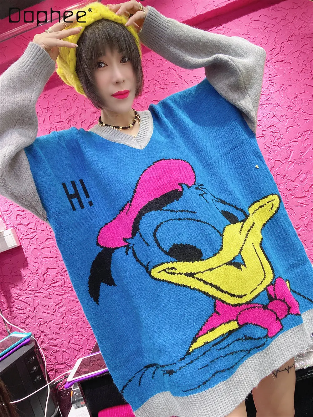 Fall and Winter New V-neck Thick Mid-Length Korean Style Loose Sweater Women's Fashion Cartoon Pattern Long Sleeve Knitwear