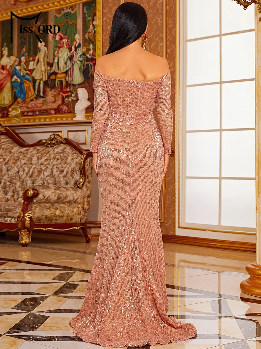 V Bar Off Shoulder Sequin Maxi Dress Party Women for weddings Elegant Long Sleeve Bridesmaid Bodycon Backless Prom Vestdios