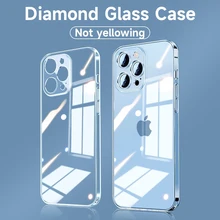 Luxury Transparent Diamond Tempered Glass Case on for iPhone 13 12 11 Pro Max Mini Soft Silicone Bumper Shockproof Clear Cover