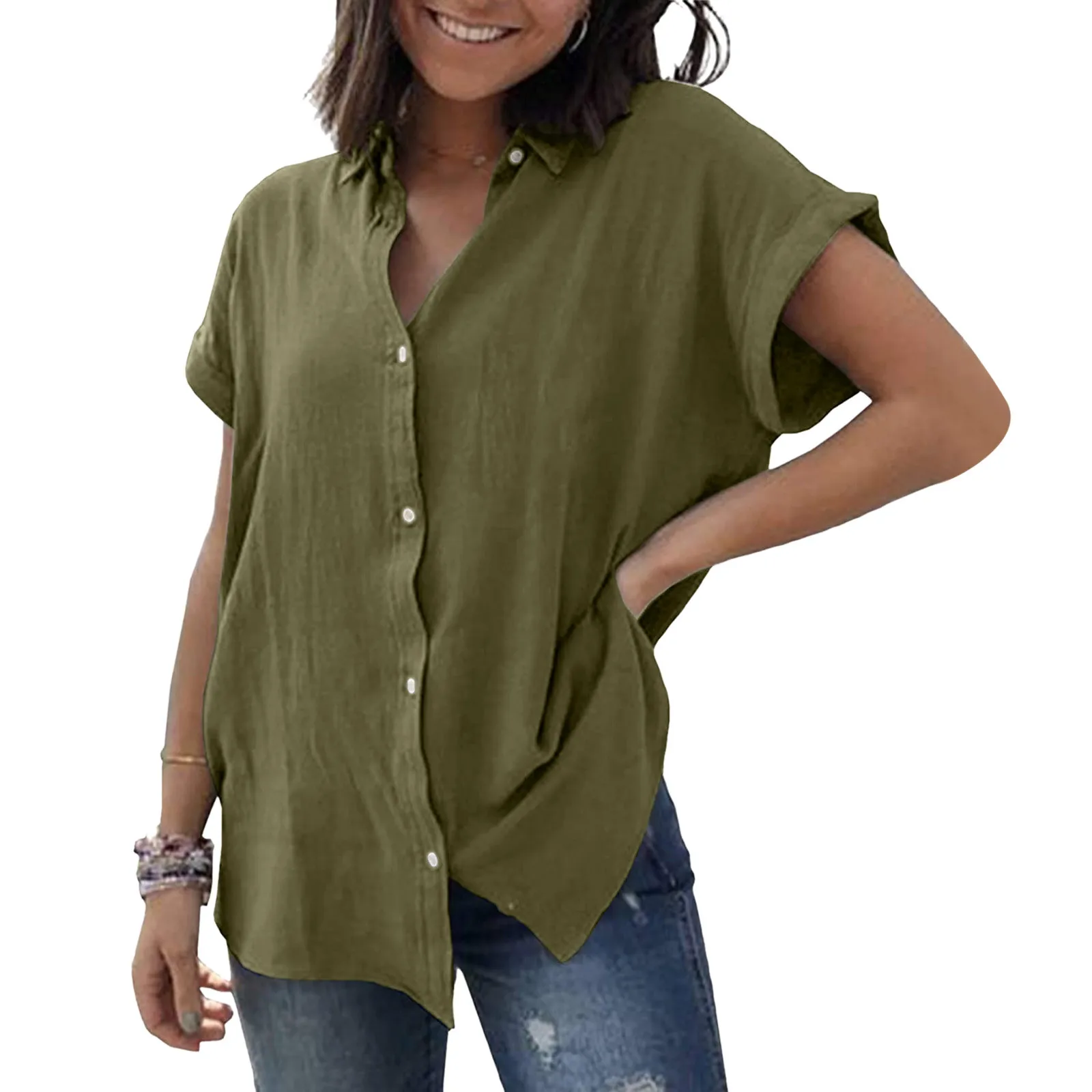 

Рубашка женская из хлопка и льна, с отложным воротником и коротким рукавом, свободная офисная Повседневная на пуговицах, лето 2022