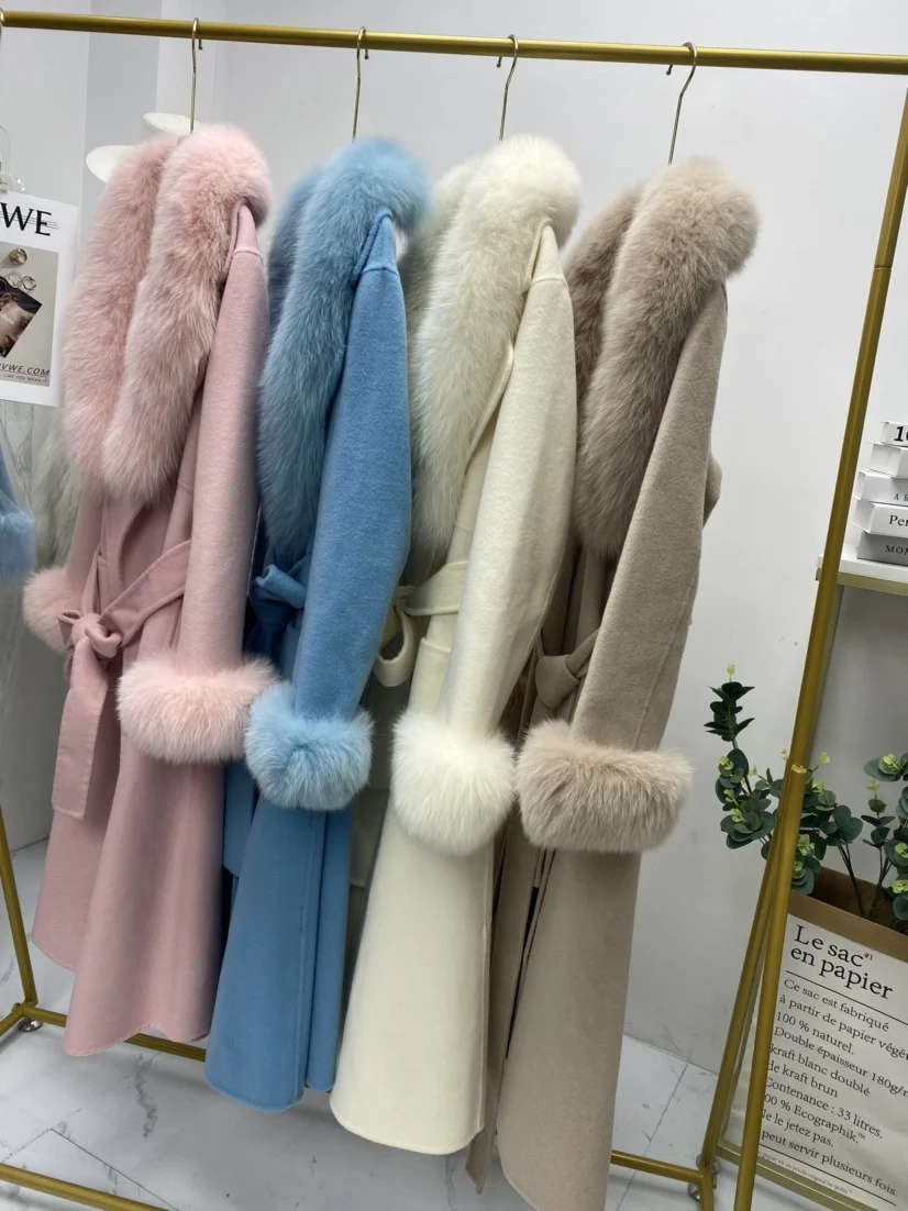 Furyoume 2022 Winter Women X-long Cashmere Wool Blends Real Fur Coat Belt Jacket Natural Fox Fur Collar and Cuffs Outerwear enlarge
