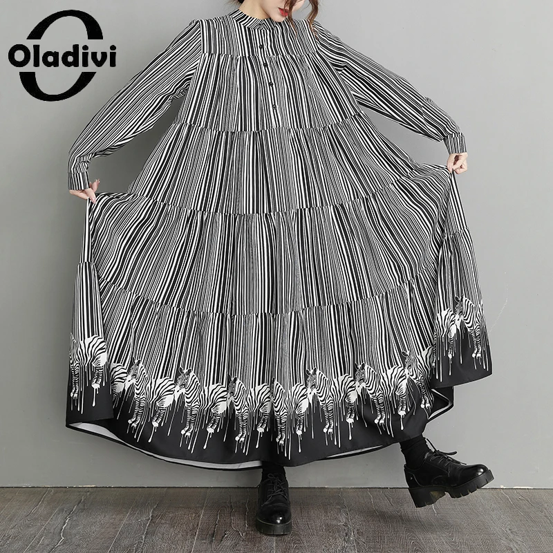 

Модное женское платье-макси Oladivi большого размера, новинка весны 2022, Одежда большого размера, платья в полоску с длинным рукавом, женские пла...