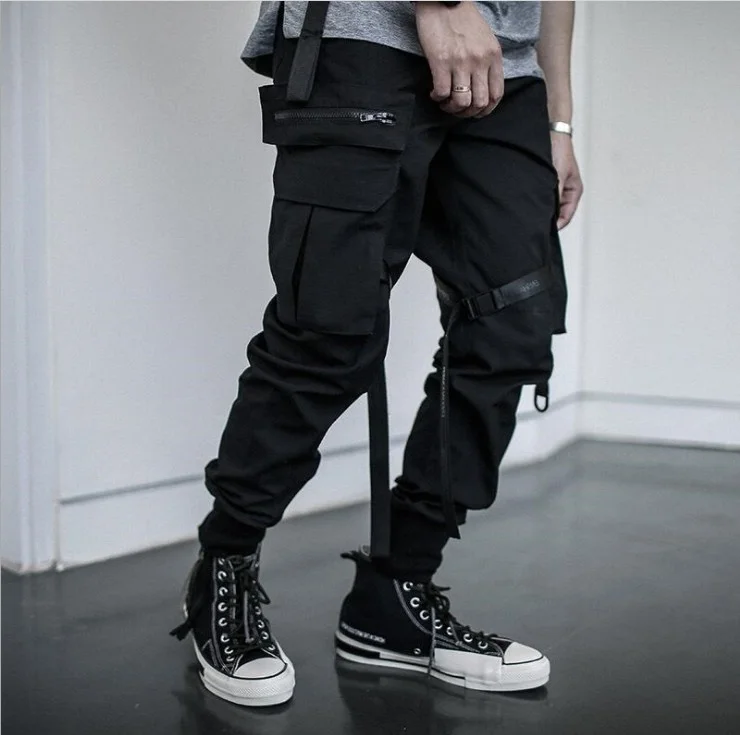 Multi Pocket Hip Hop Streetwear Men's Black Joggers Pants Men Cotton Ribbon Cargo Pant Trousers Elastic Waist