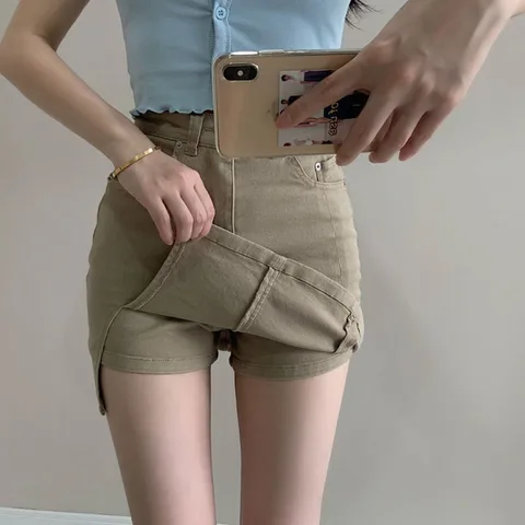 Xpqbb Khaki Women Denim Short Skirts Korean High Waist Anti-Glare Mini Skirt Woman 2023 Spring Summer Sexy Package Hip Skirt